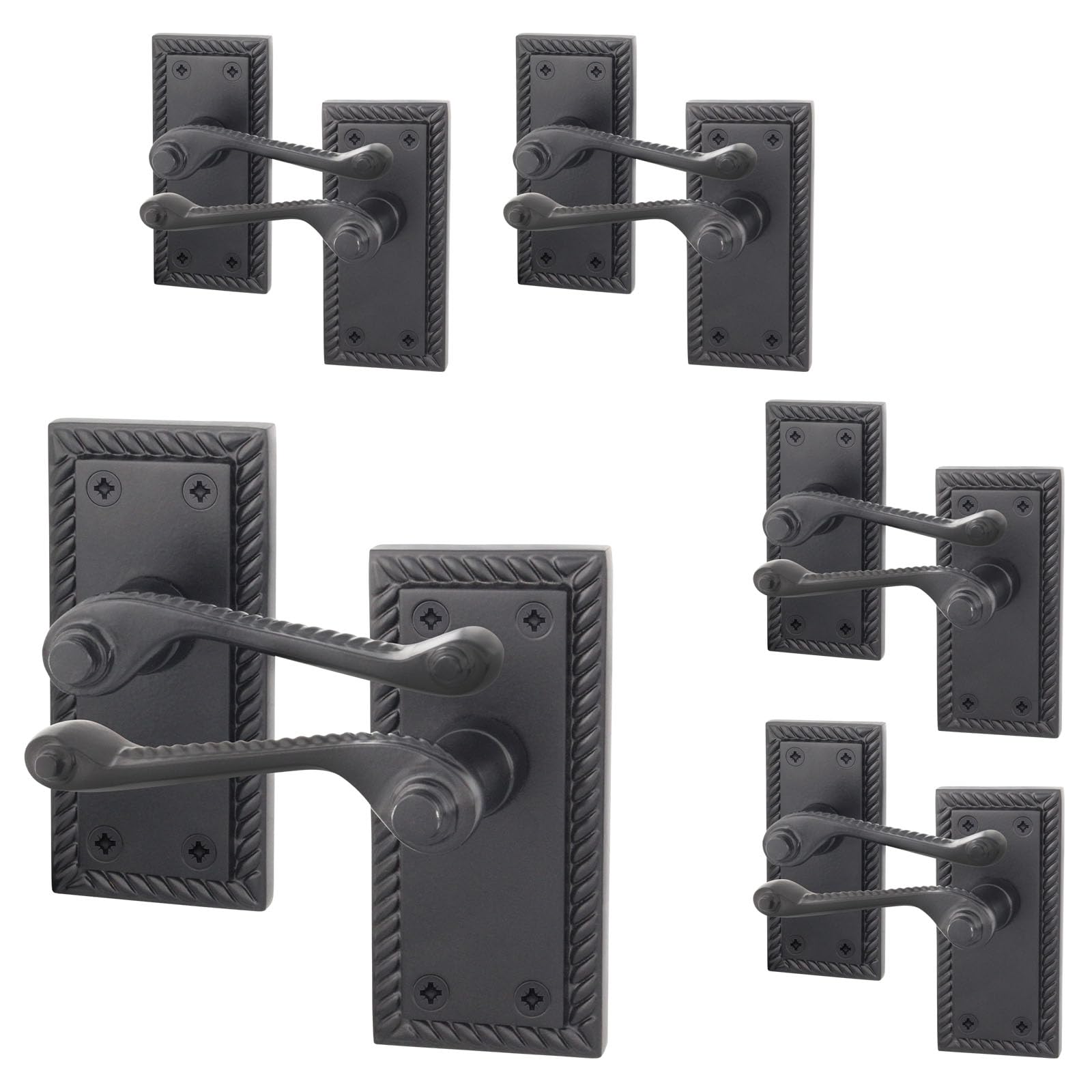 EAI Matt Black Door Handles, 5 Pairs on Backplate - Rope Scroll