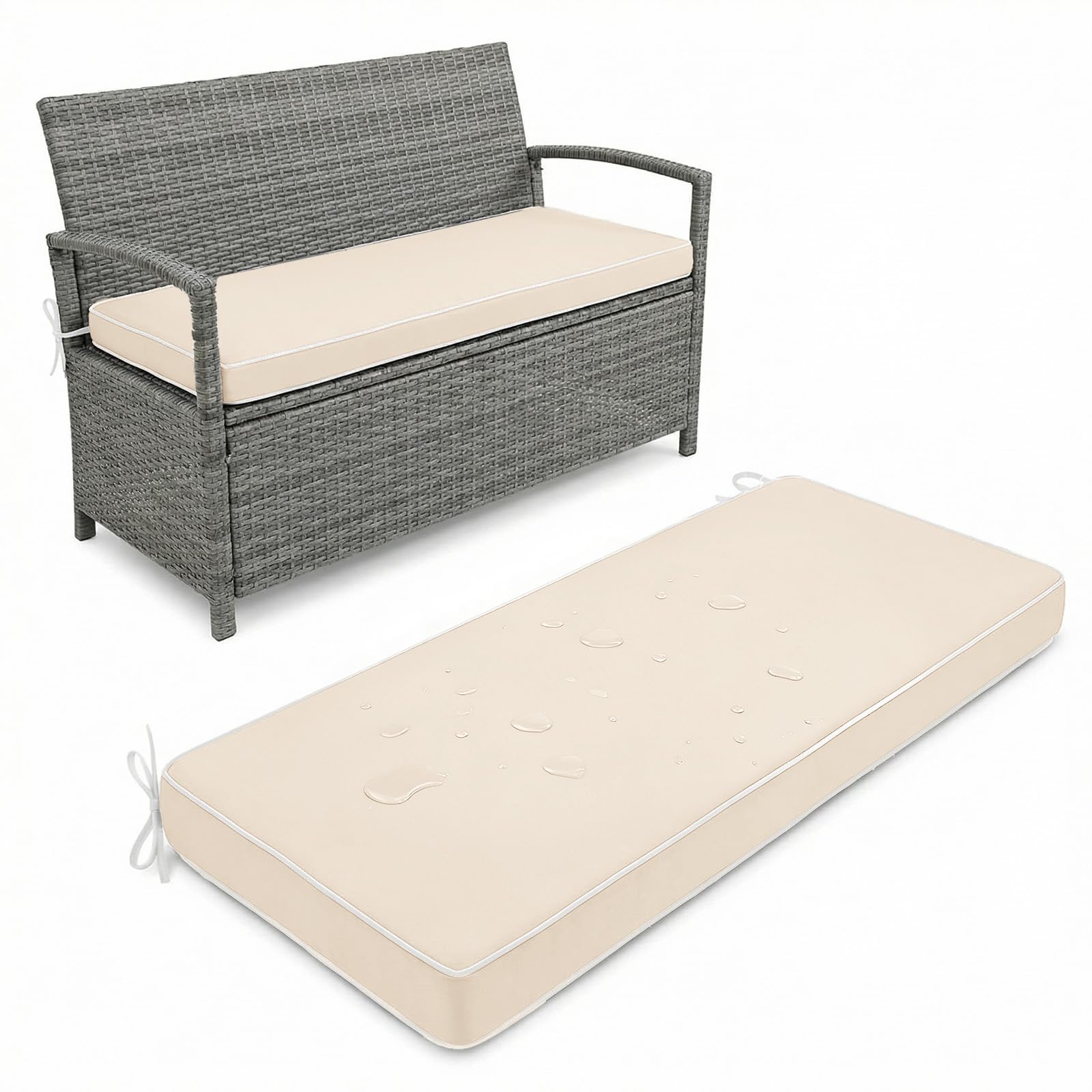 Extra Thick 5 cm Comfort Washable Bench Cushion, Waterproof 2/3/4 Seater Bench Cushion, Piano Bench Cushion Replacement with Ties Indoor Outdoor Non-Slip Seat Pad ,Long Chairs,Off White,165x35cm