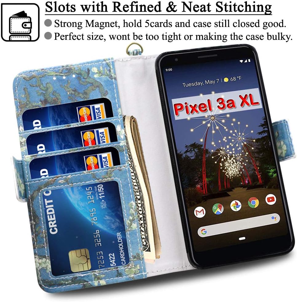Mefon Google Pixel 3a XL Case Wallet Leather Detachable, with Tempered Glass and Wrist Strap, Enhanced Magnetic Closure, Card Slot, Kickstand, Durable Folio Flip Cases for Pixel 3a XL (Blossom)