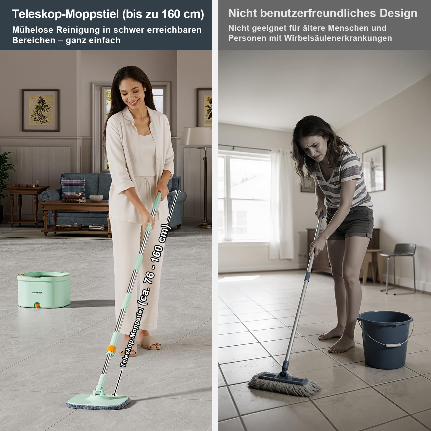 HoMettler Mopp-Und Eimer-Set, Flachmopp-System Mit Getrenntem Schmutz- Und Reinigungswasser (Flachmopp- und Eimersy