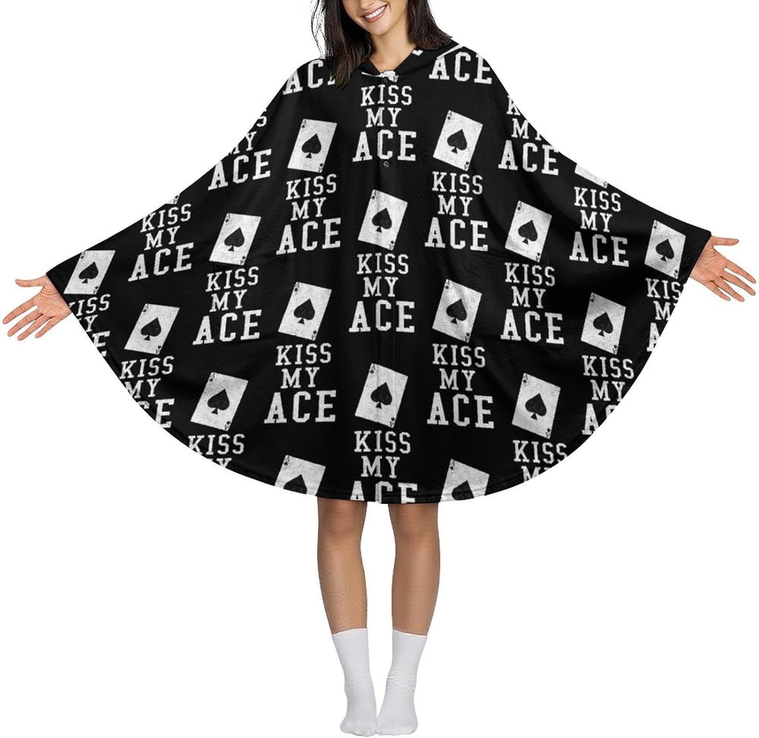Kiss My Aces Poker Casino Wearable Blanket with Hooded Flannel Blankets Cape with Pocket