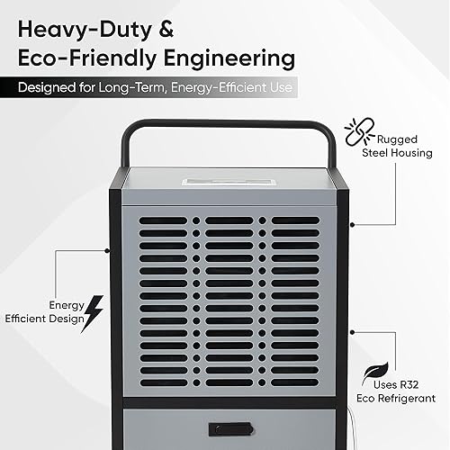 Miniatura 6 de Deshumidificador comercial de 190 pintas para sótanos y espacios industriales - Bomba integrada, manguera de drenaje, funcionamiento continuo,