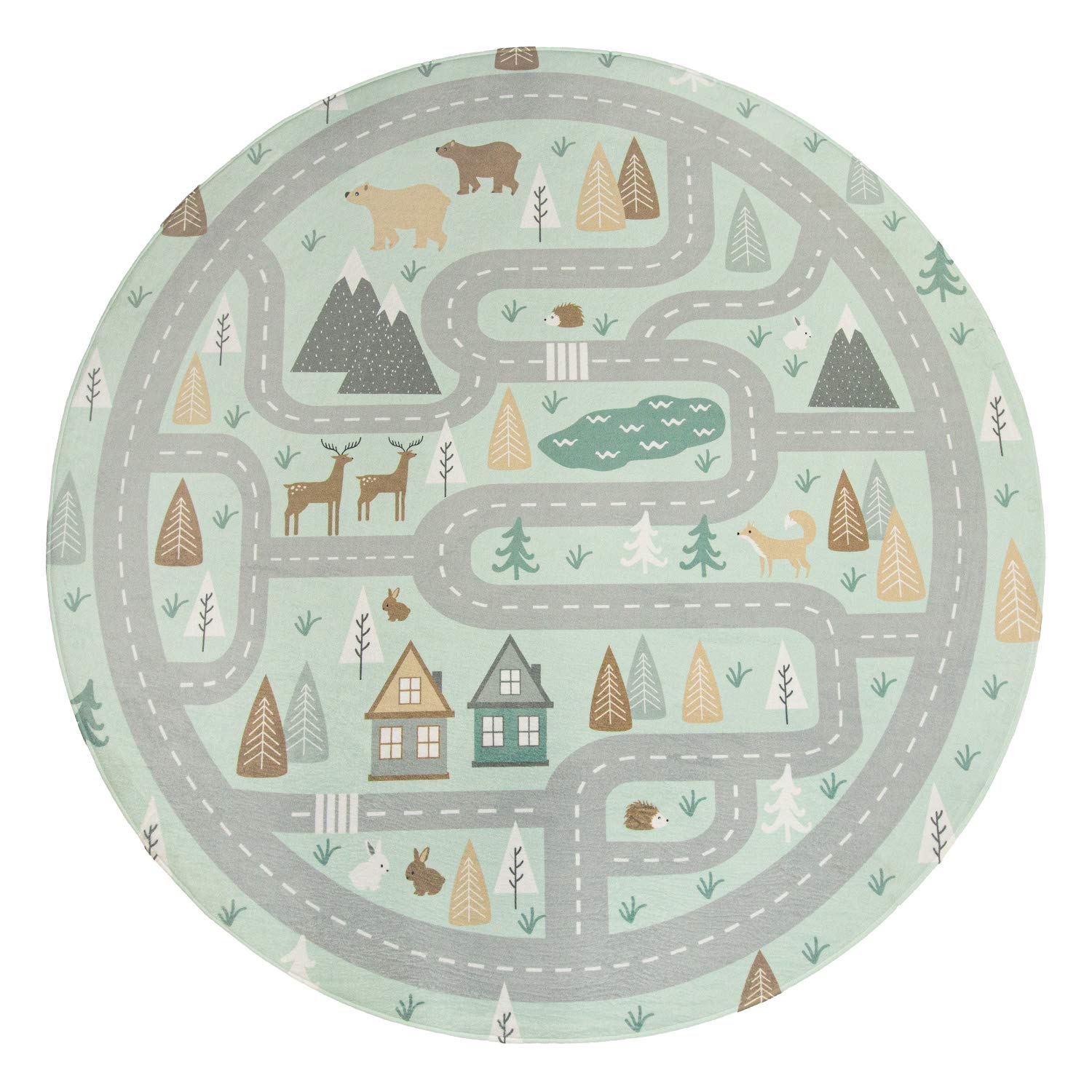 TT Home Alfombra Infantil Bebé con Motivo Carreteras Animales Bosque Casa Niño, Color:Turquesa, Tamaño:150 cm Redondo