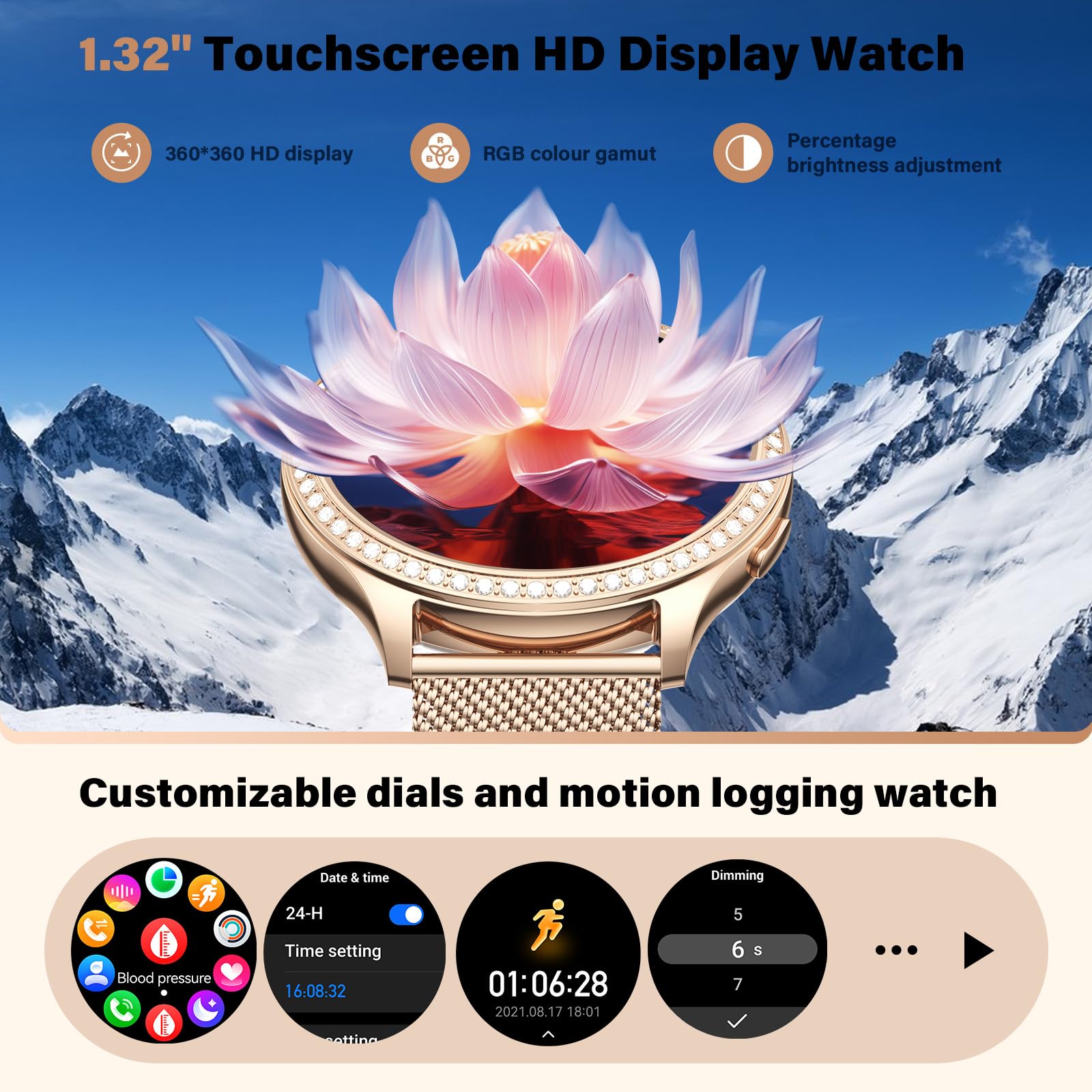 RifePhi Damen Smartwatch 1.32 Fitness Tracker SpO2 IP67 Wasserdicht Schlafanalyse Anruffunktion Sportuhr Schrittzähler Herzfrequenzmesser
