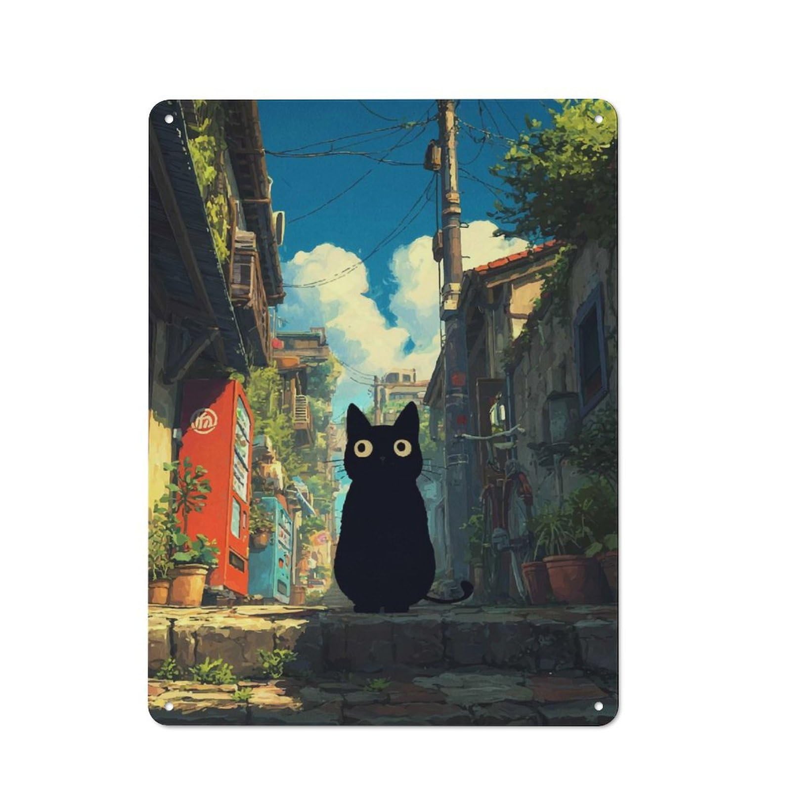 Junmoney Style-3 Black Cat In Alleyway Classic Metal Wall Decor 40X30cm, Decorative Tin Plaque For Cafe, Pub, Workshop Or Home Bar