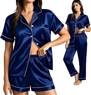 SWOMOG Womens Silk Satin Pajama Sets 3Pcs Button Down Pj Set Short Sleeve Sleepwear Loungewear Pjs Nightwear XS-XXL
