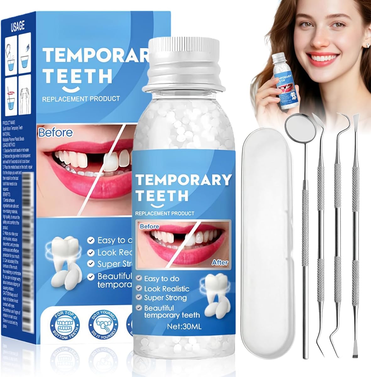 Temporary Tooth Filling Repair Kit - Tooth Filling Repair Kit with False Teeth to Fix Broken or Missing Teeth, Bridges Gaps and Replaces Chipped Dental Structures