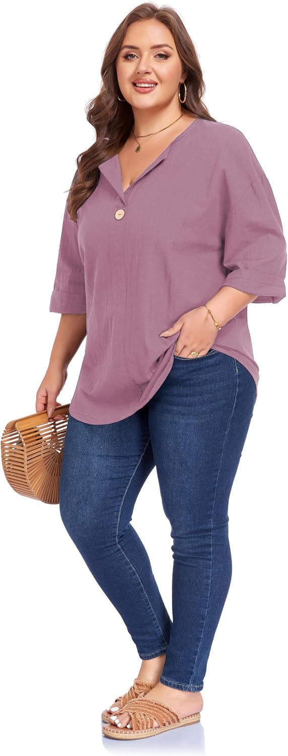 Women's Plus Size 3/4 Sleeve Linen Cotton V Neck Button Shirt Blouse Tunic Tops Loose Fit - Image 6