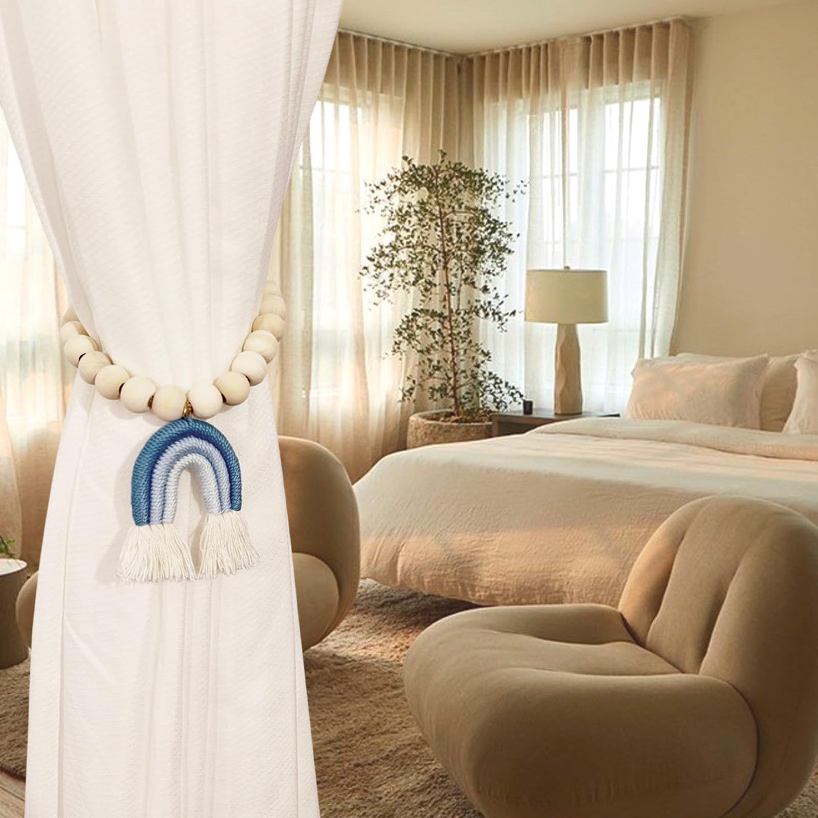 REAIJUNPIN 2PCS Wooden Boho Curtain Tiebacks - Rainbow - Blue