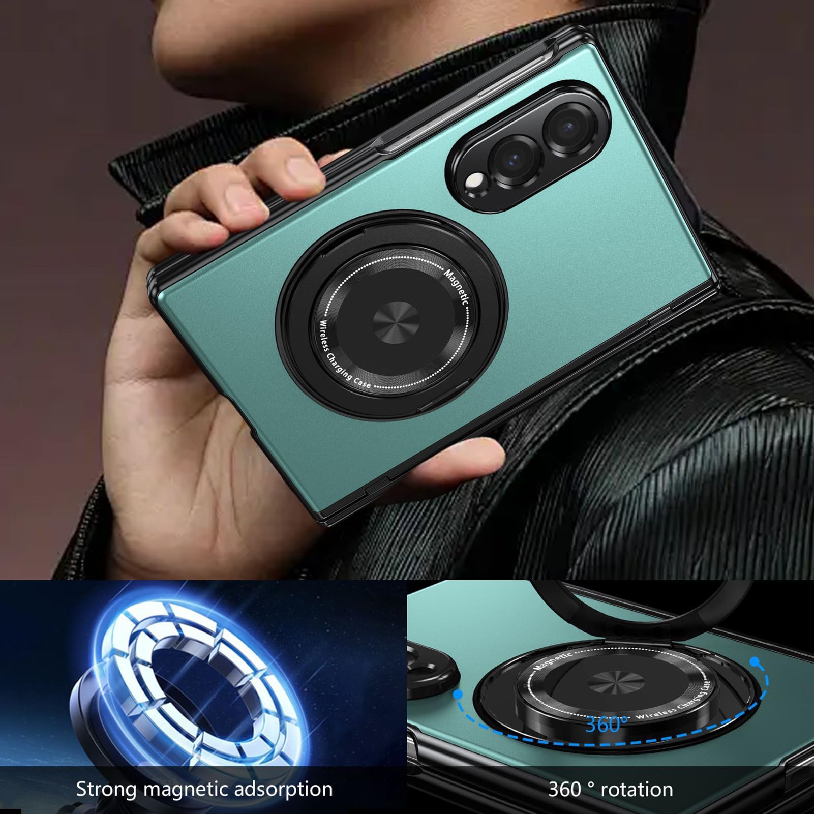 Custodia Militare For Samsung Galaxy Z Fold 8, Anello Rotante Con Ventosa Magnetica Protezione Della Lente Guscio Con Bordo Rialzato Cover For Schermo Anti-Impronte For PC(Silver)