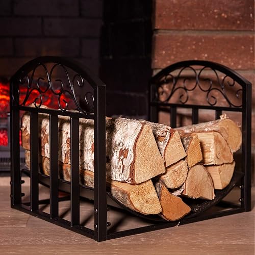 Miniatura 2 de Barton Estante de leña de hierro forjado de 18 pulgadas, negro con diseño de voluta, soporte para leña para chimenea, almacenamiento de madera de