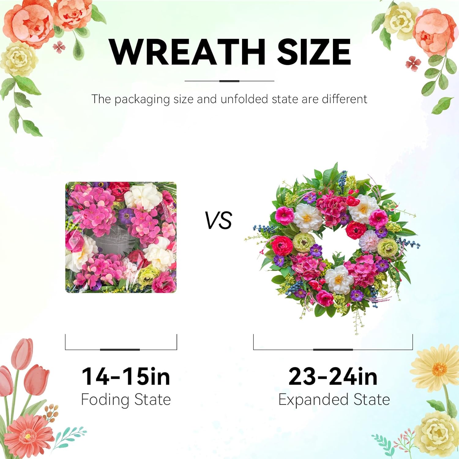 Spring Wreaths for Front Door 24 Inch Lush Spring Door Wreath with Pink Peonies, Roses, White Blooms & Greenery, Garden Style Summer Flower Wreath for Front Porch, Entryway & Wall Window