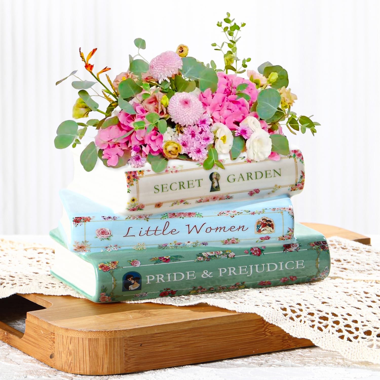 Garsheon Book Planter, Ceramic Planters with Drainage Hole, Ceramic Book Vase for Flowers, Cute Plant Pot for Book Shelf Decor, Book Shaped Vase for