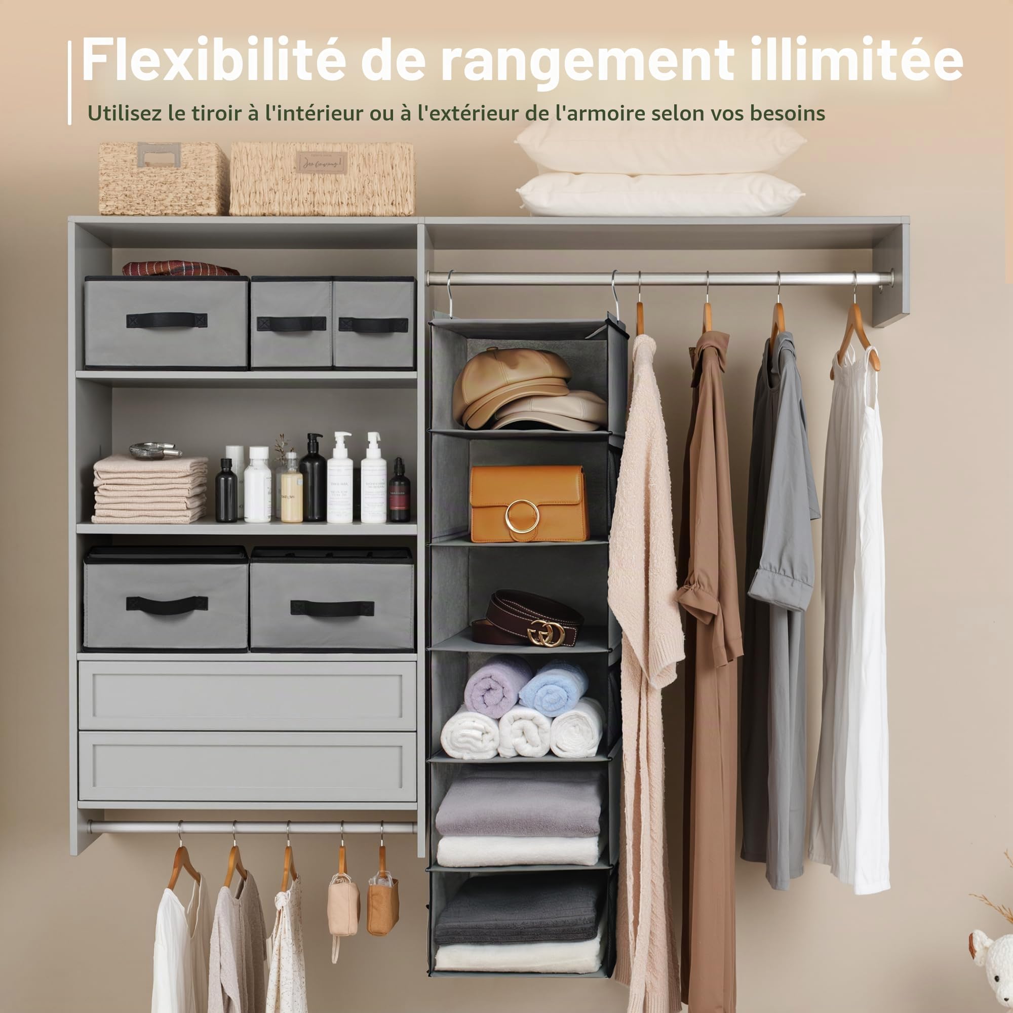 GRANNY SAYS Rangement de Penderie à 6 Compartiments, Étagère Suspendue de Rangement avec Tiroirs EI Poches Latérales, Rangement Suspendus pour Vêtements Pliable, Organisateur de Penderie Gris