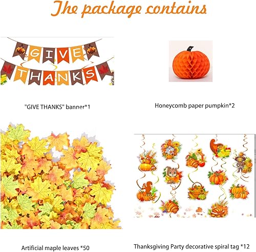 Miniatura 5 de Juego de decoraciones para fiesta de Acción de Gracias, 1 pancarta de agradecimiento y 12 adornos en espiral de Acción de Gracias, 50 hojas de arce,