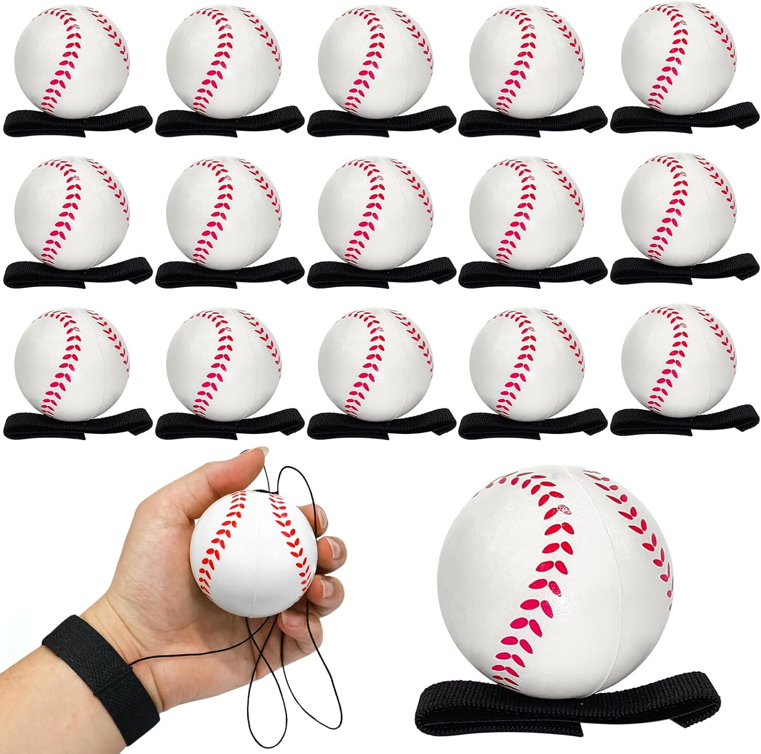 16 Pcs Wrist Return Ball 2.3 Inches Reactive Practice Baseballs on Elastic Cord for Wrist Exercise Sports Baseball Party Favors Fun Outdoor Activity