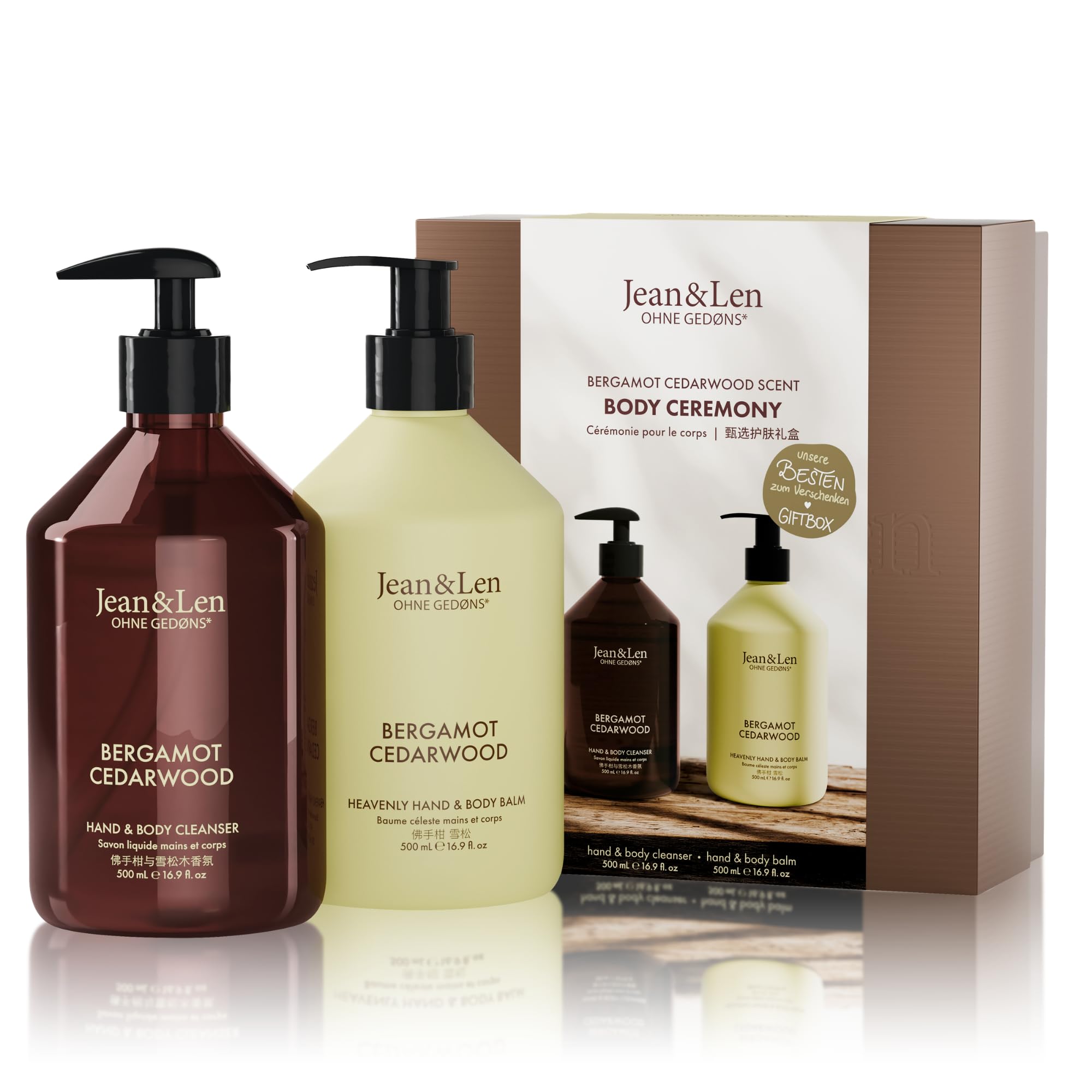 Jean & Len Body Ceremony Bergamot & Cedarwood, detergente e balsamo mani e corpo, set regalo di alta qualità, fragranza agrumata e aspra, confezione FSC certificata, 2 × 500 ml