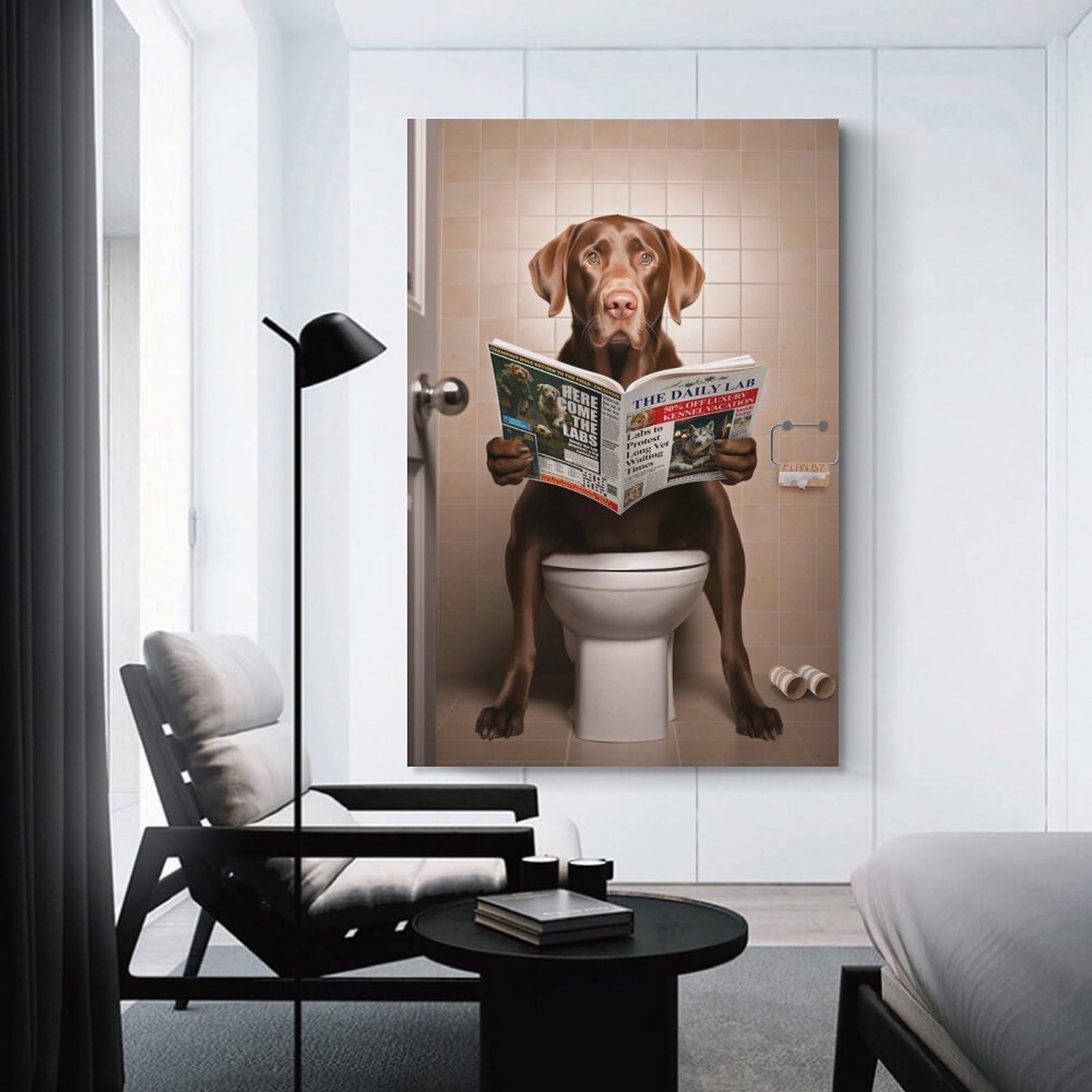 Junmoney Unframe-Style-8-1 Brown Labrador On Toilet Canvas Wall Decor 20X30inch(50X75cm), For Study, Office Or Focused Interiors, Wall Art That Adds Style To Work Areas