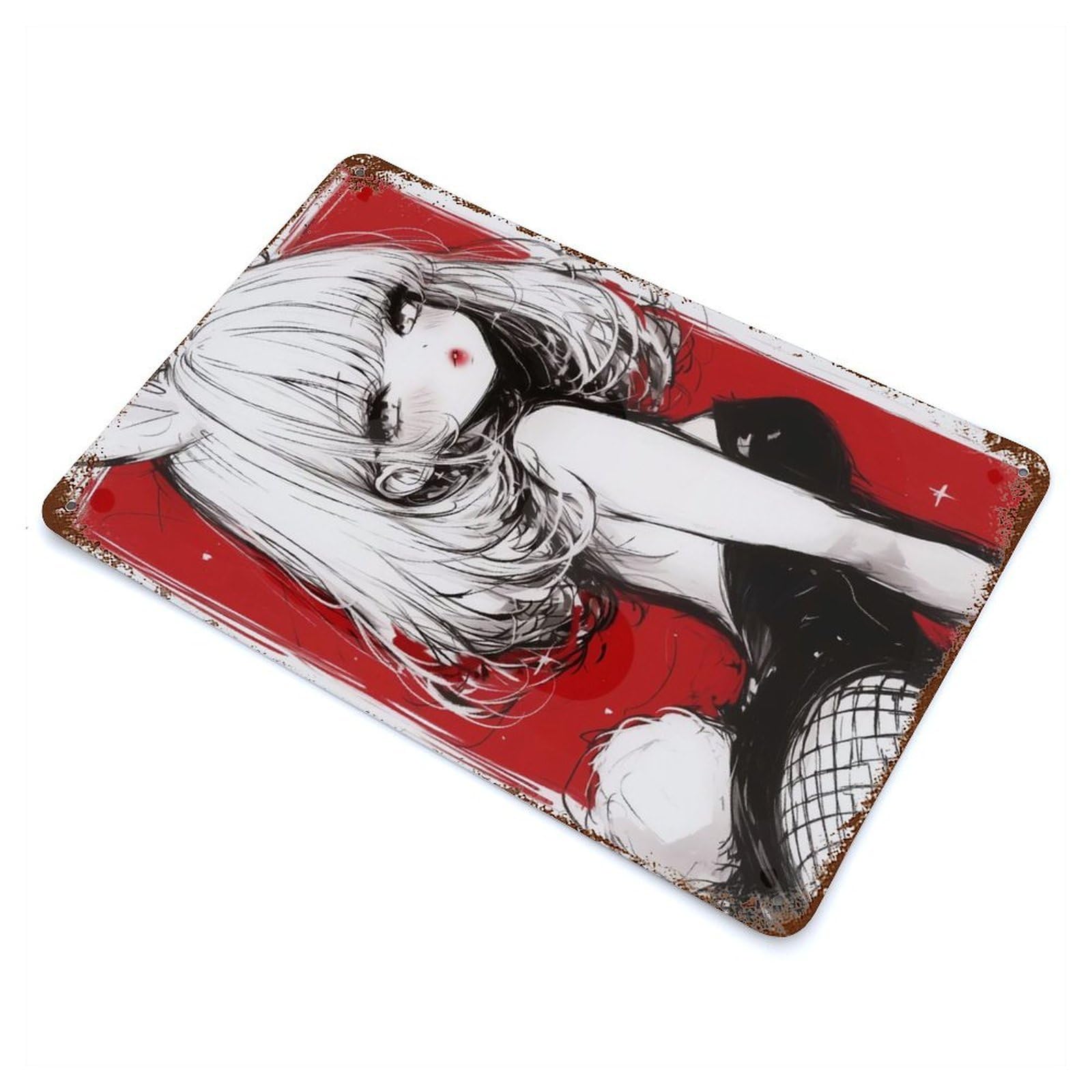 Anime Bunny Girl Illustration Aged Metal Wall Plaque 11.8"x7.9", Farmhouse Wall Decor for Office, Studio And Wall Decor