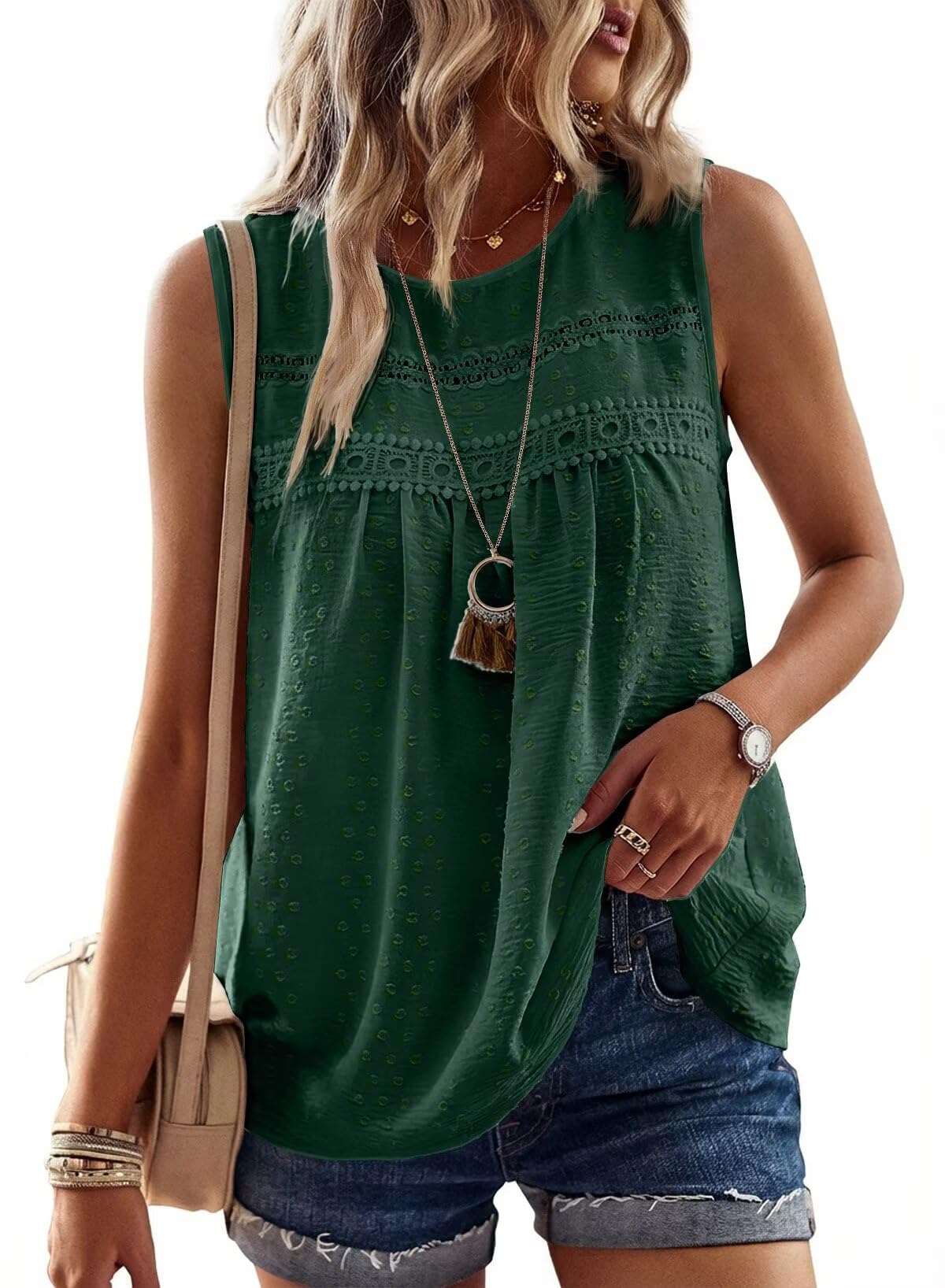 Falechay Tank Tops for Women Flowy Boho Cute Swiss Dots Sleeveless Shirts | Crewneck Loose Fit Summer Blouses, Daily Casual, Hide Belly Fat, Cute Lace Hem Ladies Tunic, Babydoll Crochet Trendy Clothes