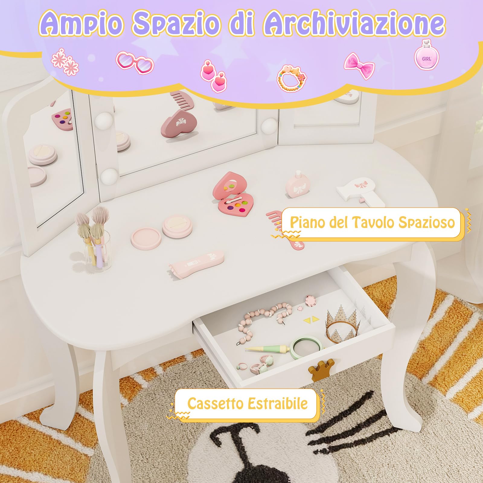 COSTWAY Set Toeletta Trucco per Bambina con Sgabello, Tavolo Trucco Triplo Specchio Staccabile con Luci LED a 3 Colori, Postazione Trucco con Cassetto e Accessori, per Bambine 3-7 Anni (Bianco)