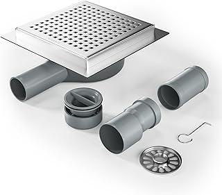 Duschrinne Quadrat 15 * 15cm, 360° Siphon mit Geruchsstop und Haarsieb Edelstahl Ablaufrinne Bodenablauf Duschablauf sehr flach DN50 DN40
