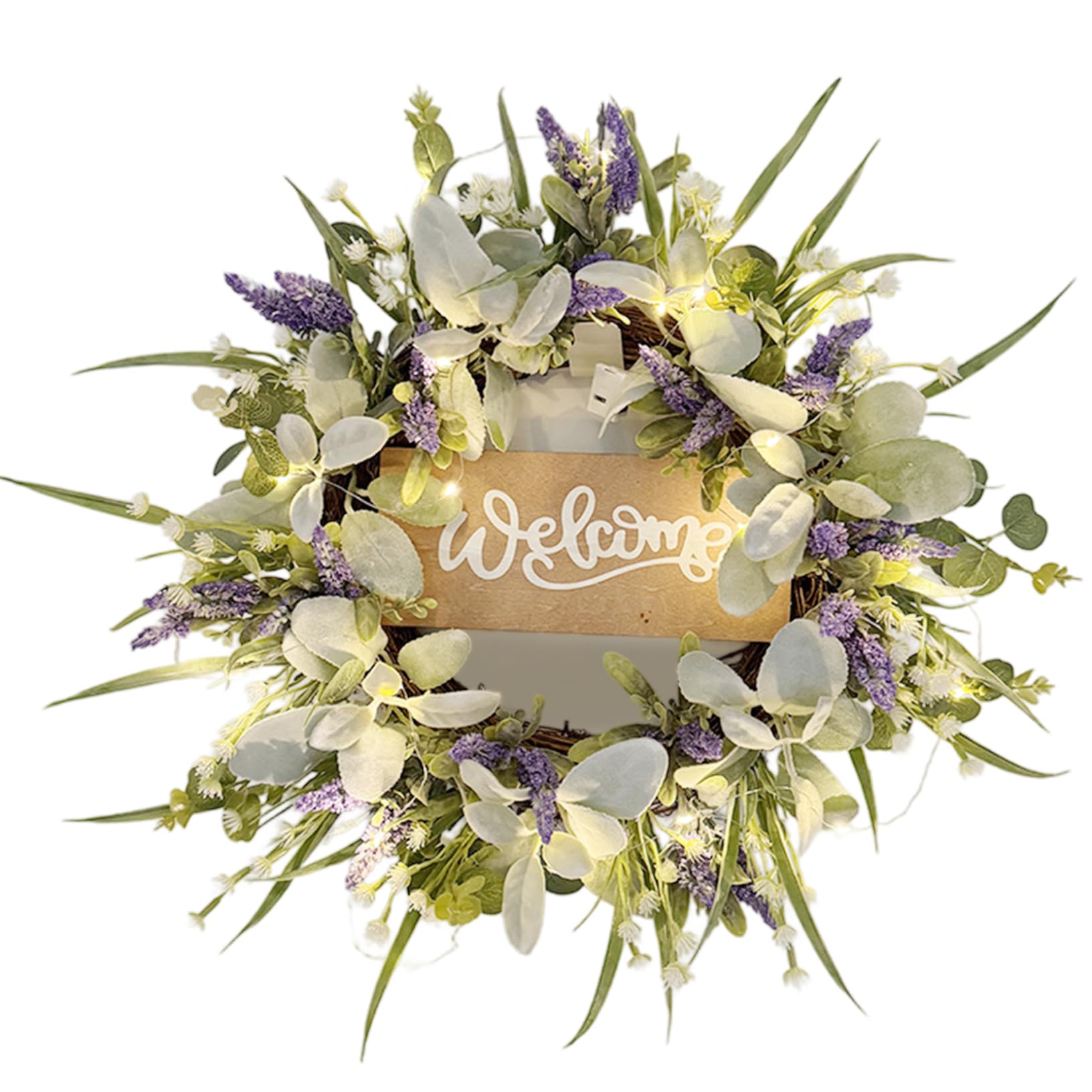 Tsawntd Wreaths, Spring Wreaths for Front Door, 20 Inch Artificial Lavender and Rabbit Ear Leaves Wreath with LED Lights, Warm White Lights for Indoor Outdoor Front Door Decor