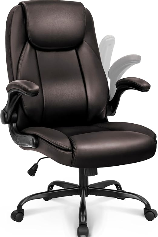 NEO CHAIR Ergonomic Office Desk Gaming Computer Chair Executive High Back Support Flip-up Arms Adjustable Height Swivel Rolling Wheels Comfy PU Leather for Home (Brown)