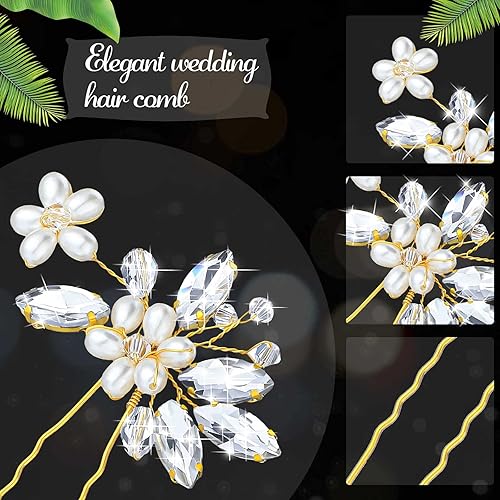 Miniatura 5 de Geosar 8 pinzas para el pelo de boda, horquillas doradas para el pelo de novia con flores de diamantes de imitación, accesorio de novia para mujeres