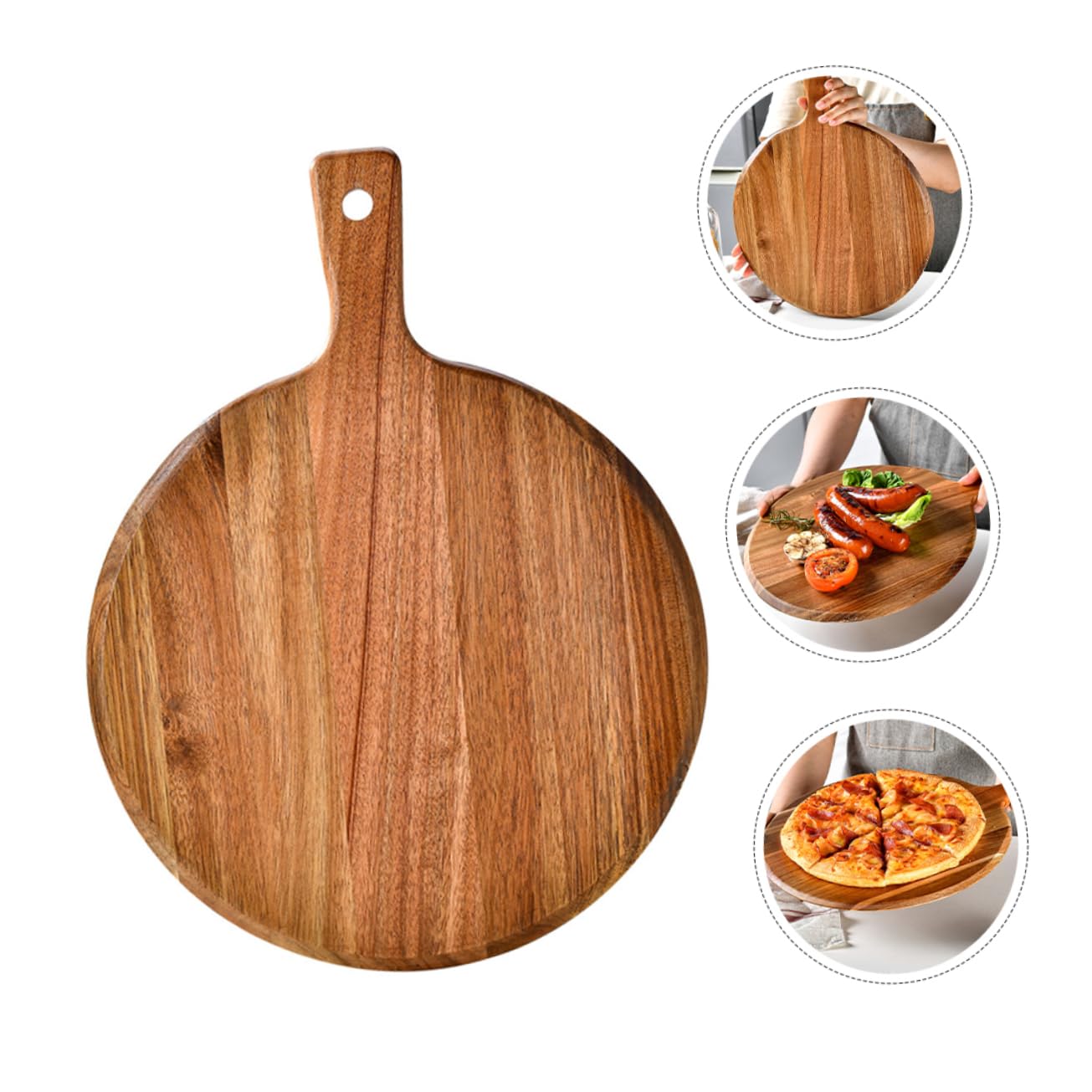 Zerodeko Tabla Redonda de Madera para Pizza y Pan con Asa Plato Multi Funcional para Servir Comidas para Charcutería y Postres Resistente y Práctico Decorativo y Estético para Hogar