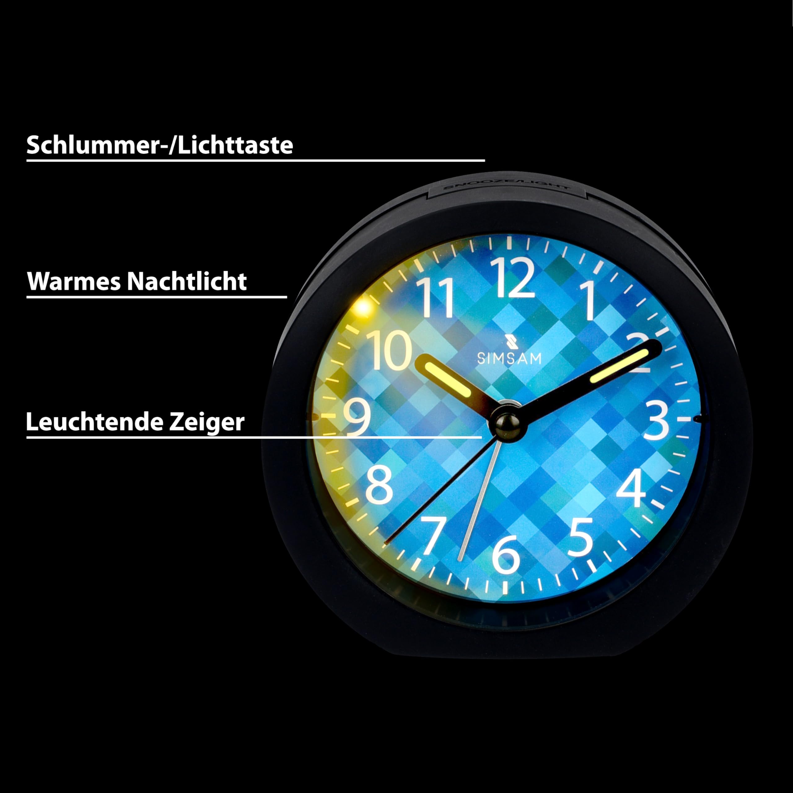SIMSAM Wecker Kinder Jungen, Kinderwecker Jungen Ohne Ticken für Schulanfänger, Einschulung Kinder Wecker für Junge, Schulkind Lernwecker Analog mit 24 Melodien, Batterie, Snooze (Schwarz-Hellblau)