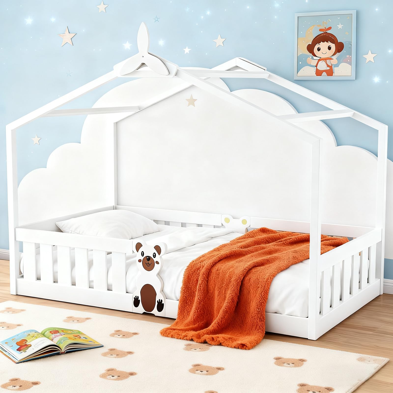 Krovtoy White Toddler House Bed 90x200cm, Pinewood Montessori Bed with Guardrails