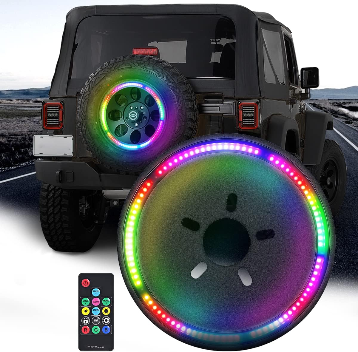 AUDEXEN RGB Third Brake Light, RGB Spare Tire Lights with RF Wireless Remote Controller Compatible with Jeep Wrangler JK JKU 2007-2018