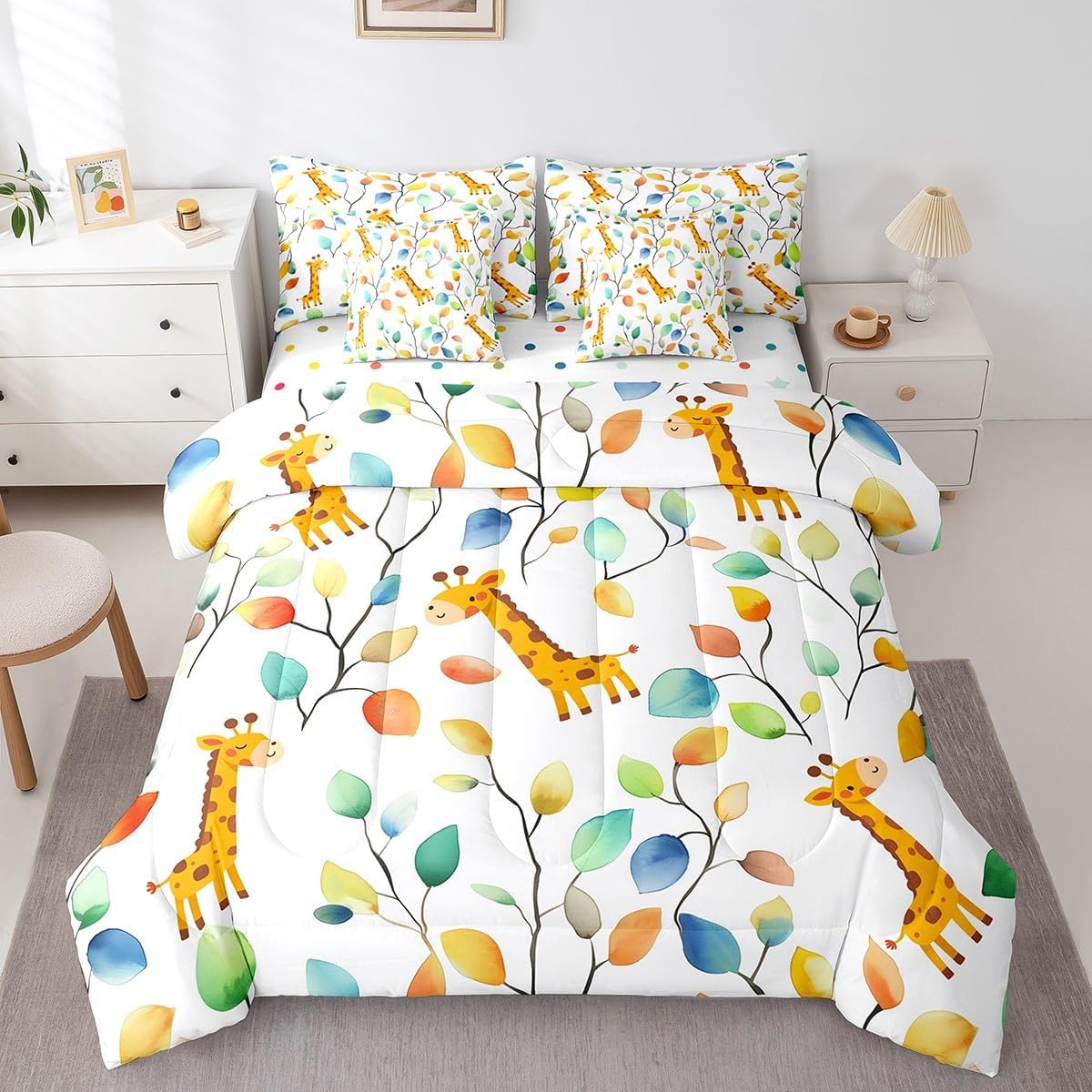 Erosebridal Cute Giraffe Queen Comforter Set 7pcs for Kids Child Hippie Floral Bedding Comforter Sets, Chic Flower Bed in a Bag Watercolor Leaves Bedding Set, Woodland Wildlife Bed Sheets Set
