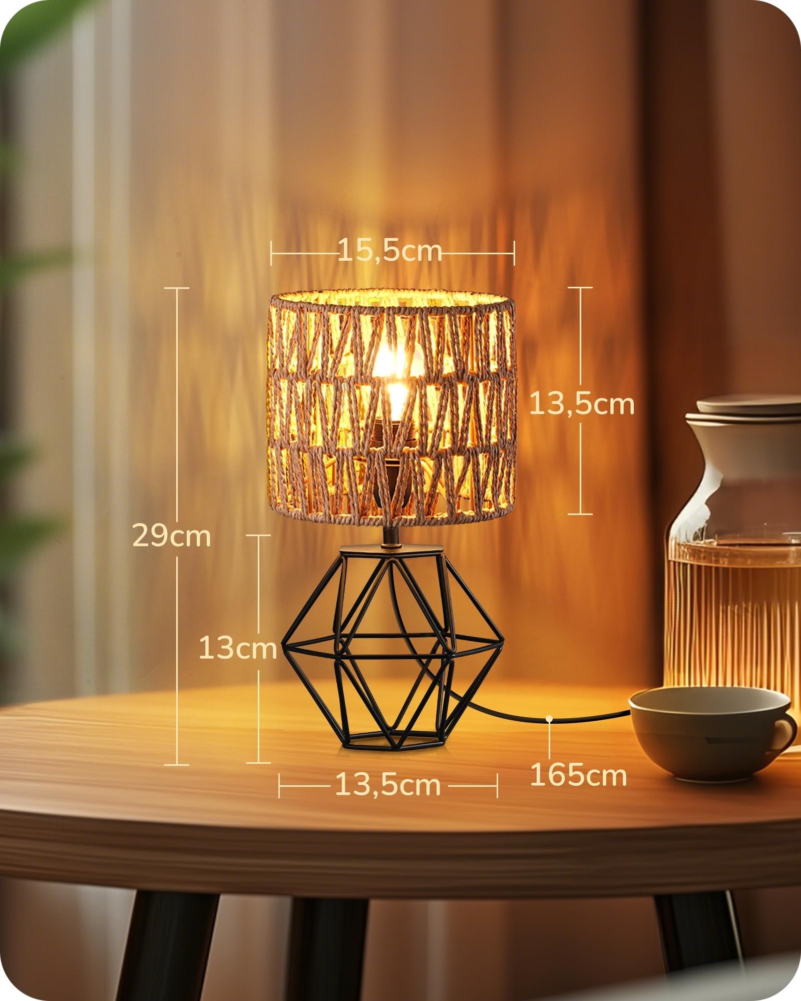 EDISHINE Lámpara Mesita Boho, Pantalla Cuerda Papel, Base Metal, Negro | Pantalla Cuerda Papel Tejida, Aspecto Rejilla Metal, Casquillo E14, Blanco Cálido 2700 K, para Dormitorio, Salón