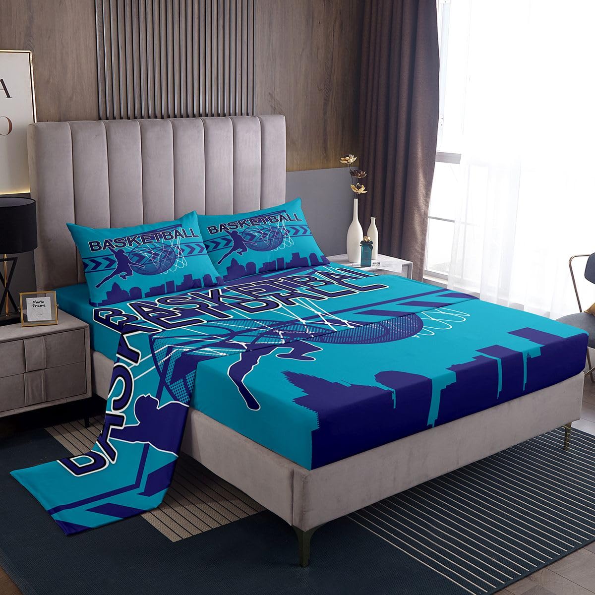 Parure de lit basketball Charlotte bleu sarcelle pour lit double avec draps et taies