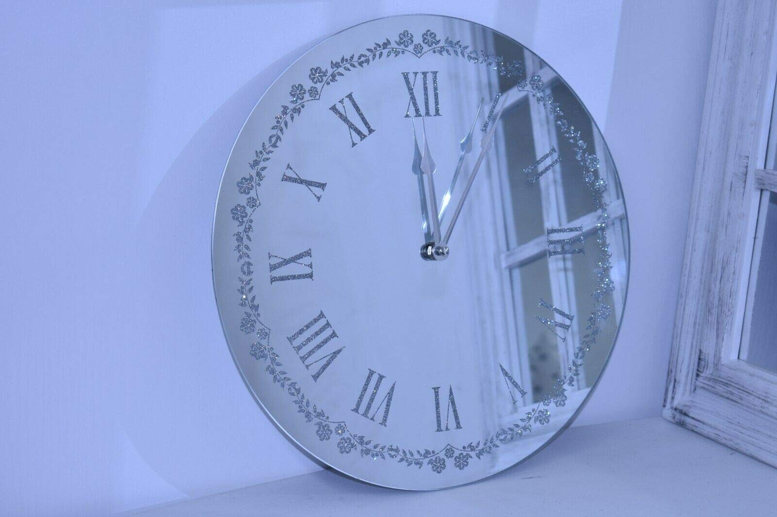 Deenz Silver New Flowery Sparkle Glitter Mirrored Wall Clock Roman Number Wall 35Cm