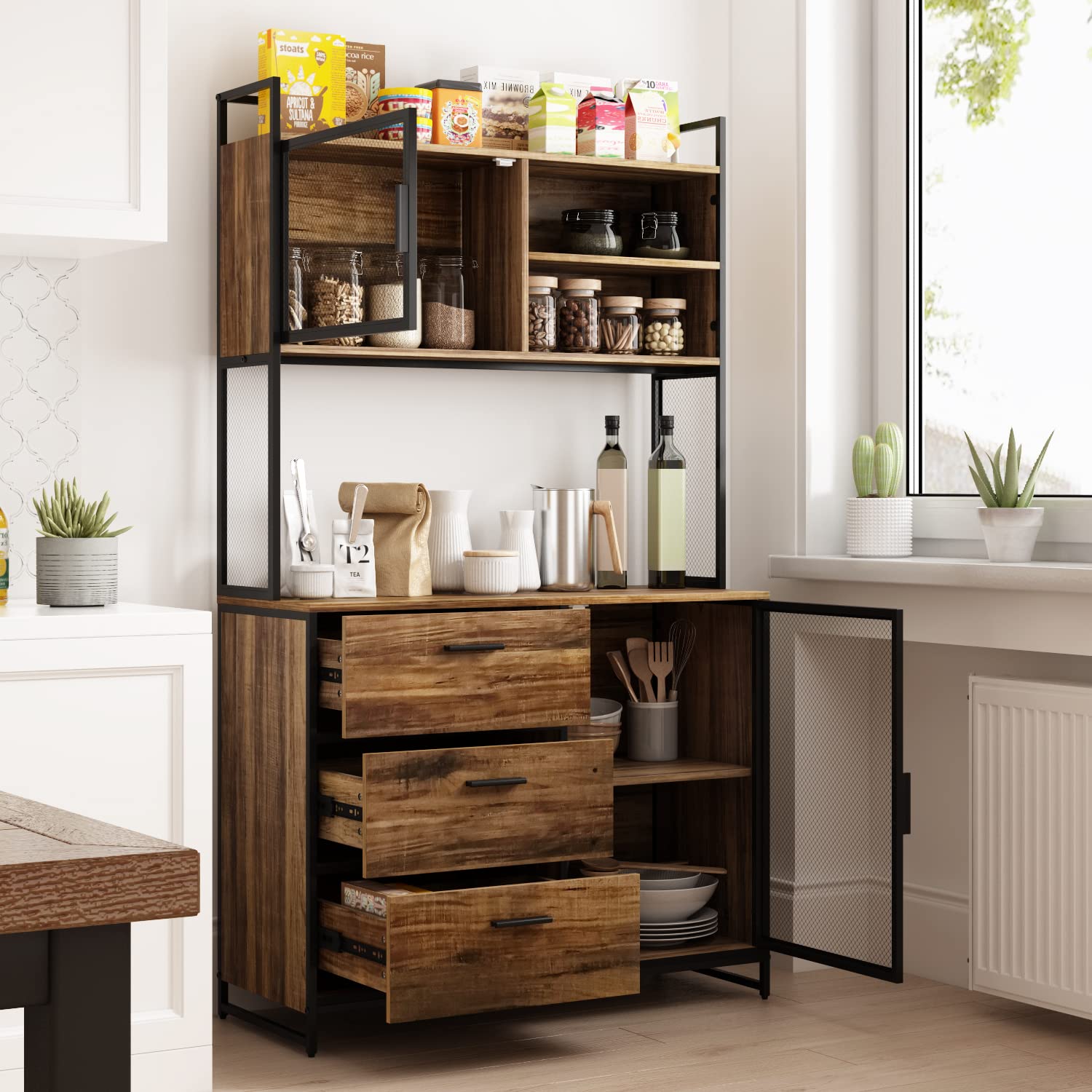 Armadietto da cucina alto a buffet, con 3 cassetti e 2 ante, stile industriale, ripiano aperto, forno a microonde, 100 x 40 x 175 cm, legno + ferro