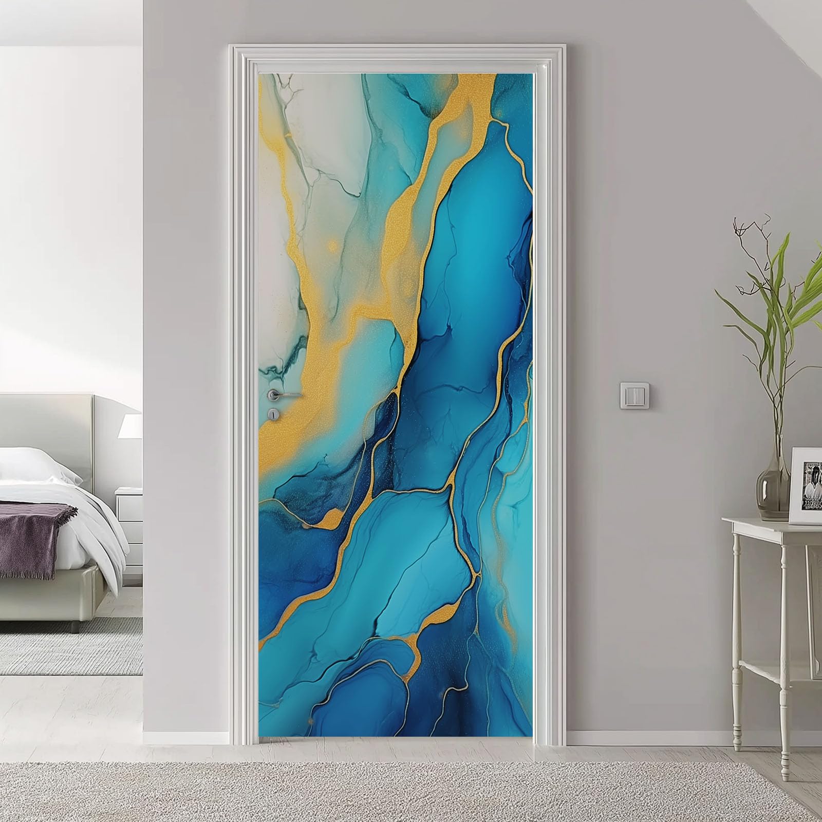 Adesivi 3D per porta con texture astratta in agata, autoadesivo, motivo a vortice ad acquerello, carta da parati rimovibile in vinile per interni, decorazione artistica da parete, impermeabile, blu
