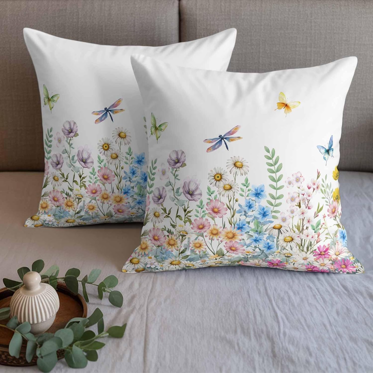 Spring Flowers Designer Bed Runner Set, Watercolor Pink Blue White Floral Leaf Butterfly Dragonfly 83x20in Bed Scarf with 2pcs Double-Sided Pillows Easy Care Bedding Scarves for Bedroom Decor