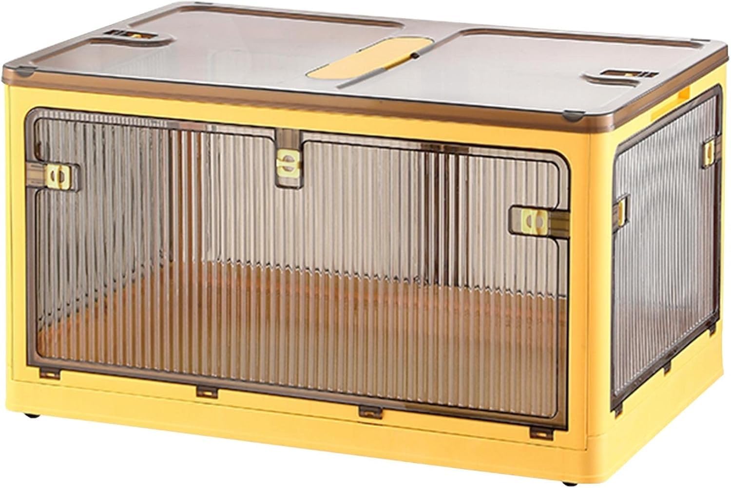 Cajas de Almacenamiento Grandes de plástico Transparente y Plegables con Tapa, Asas y Ruedas, Ideales para guardarropas, comestibles y alacenas. Ahorra Espacio, Azules (73 x 49 x 40 cm).