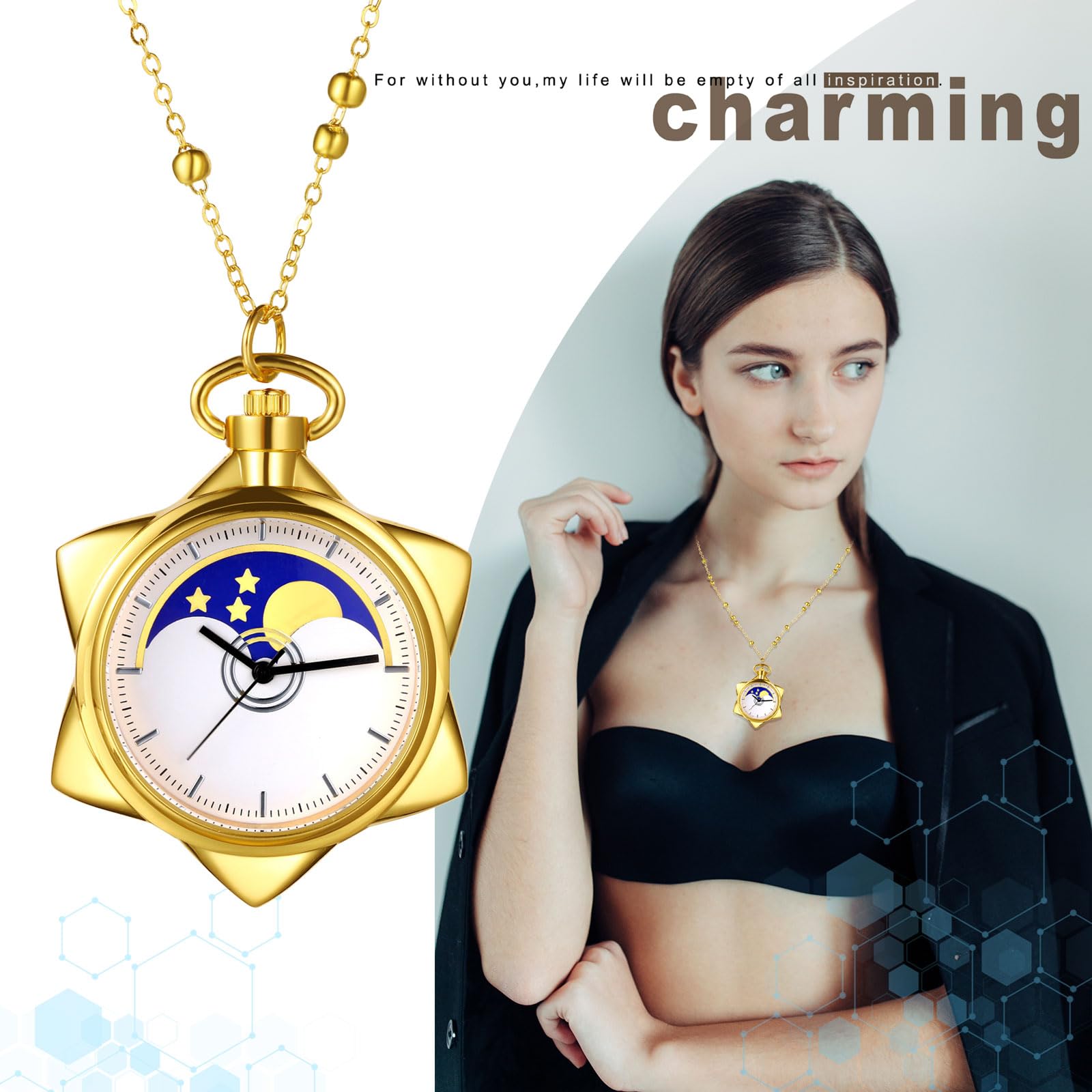 JewelryWe Hexagram Quartz Pocket Watch: Women Gold Cute Sailor Moon Star Hanging Quartz Analog Watches with Chain Necklace Cosplay Accessories Daughter