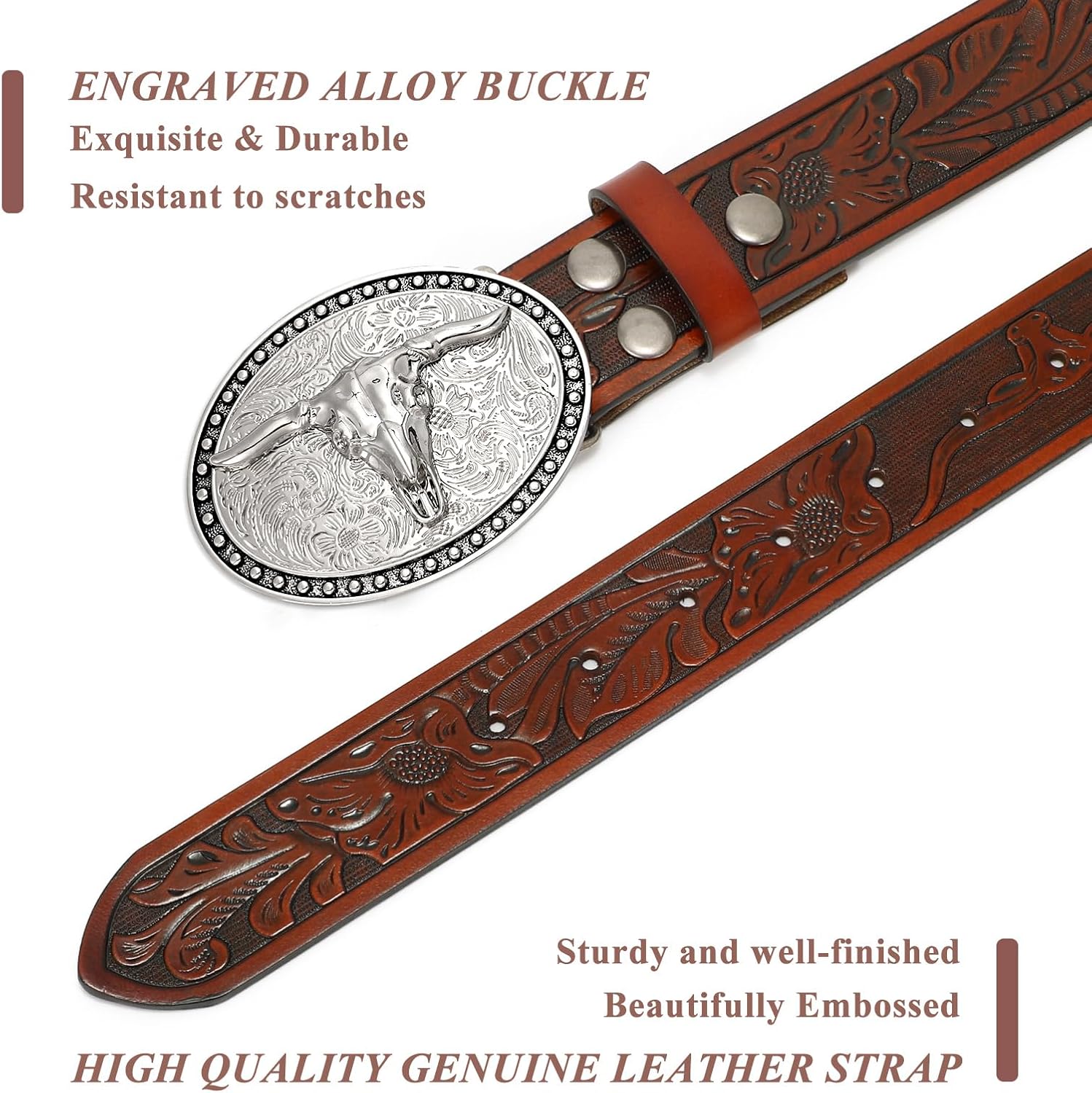 VONMELLI Western Belt for Men Women, Embossed Leather with Bull Buckle - Image 2