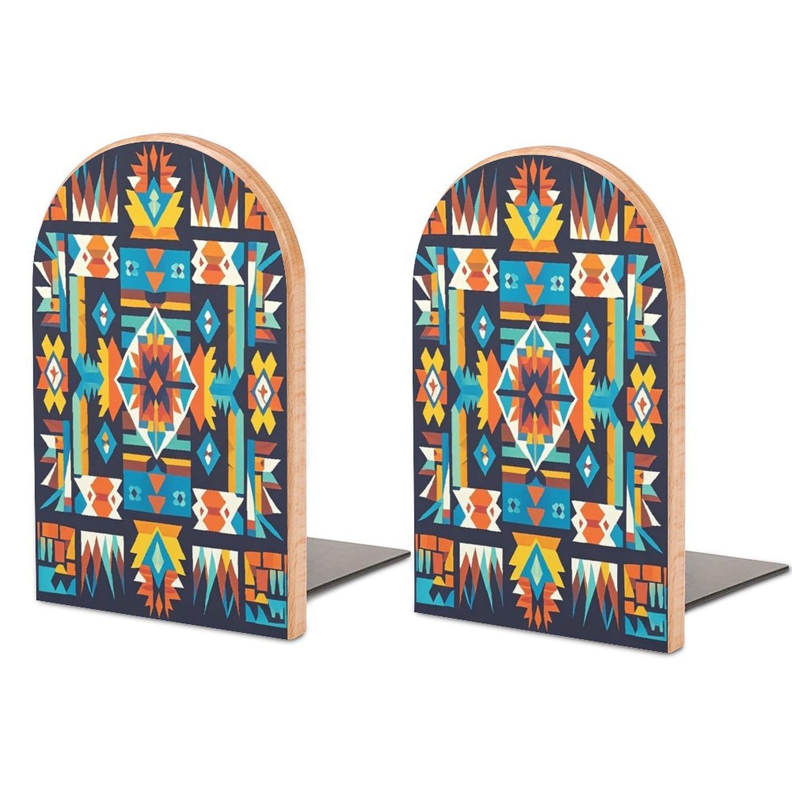 Navajo Tribal Pattern Bookend for Shelves Wooden Book End Sturdy Book Holders Stoppers with Metal Base for Bookshelves Slick Decorative Bookends Stands