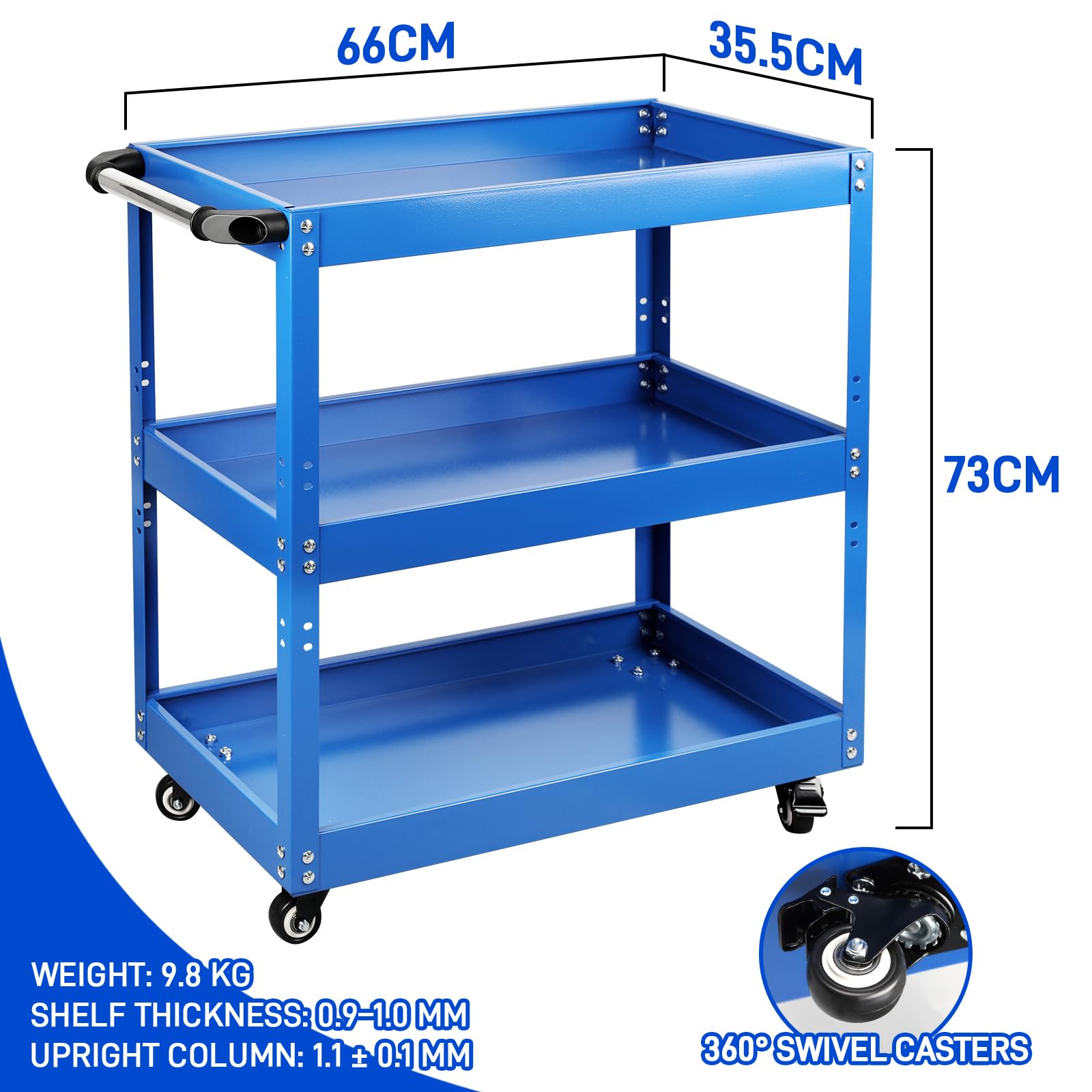 Edelstahl Rollwagen, 3-Etagen Schwerlast Werkstattwagen mit Rollen, Multifunktionaler Materialwagen, 66×35,5×72 cm Kommissionierwagen, Vielzweckwagen für Garage und Werkstatt, Blau,250 kg Gesamt