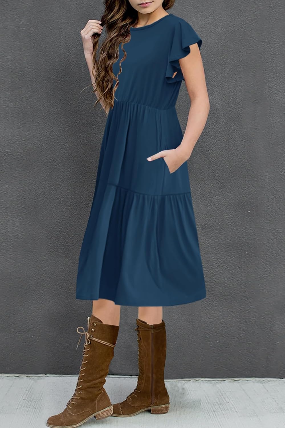 HOSIKA Girls Summer Ruffle Short Sleeve Crew Neck Loose Casual Flowy Tiered Short Dress with Pockets for 6-12 Y - Image 3