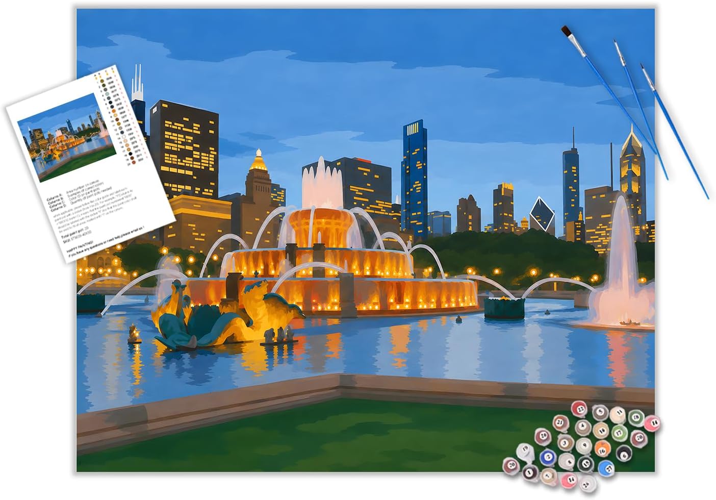 Chicago City Night View Paint by Number, Buckingham Fountain Paint by Numbers for Adult, Downtown Cityscape Canvas Painting Set, Travel Scenery Acrylic Painting for Home Decor 16×20inch Unframe