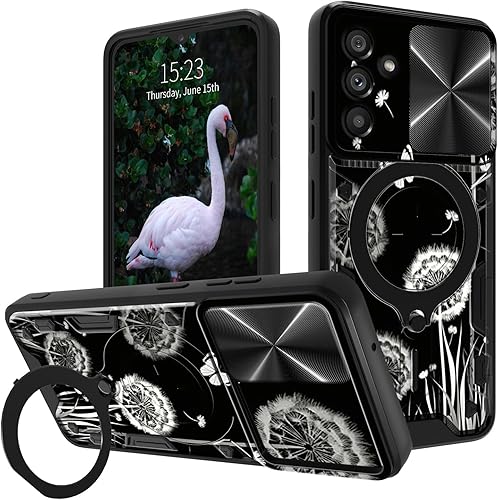 Vista 377 de Funda para Samsung Galaxy A13 5G con cubierta deslizante para lente de cámara y anillo giratorio de 360 grados, soporte híbrido de doble capa Flores