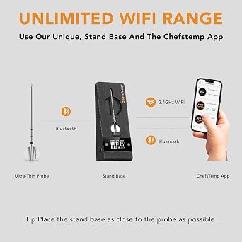 ChefsTemp ProTemp 2 Plus Needle Probe Wireless Meat Thermometer with Temperature Controller Unlimited Range Bluetooth & WiFi Enabled Smart Cooking Smoker Grilling BBQ Oven Kitchen (Stand + 1 Probe)