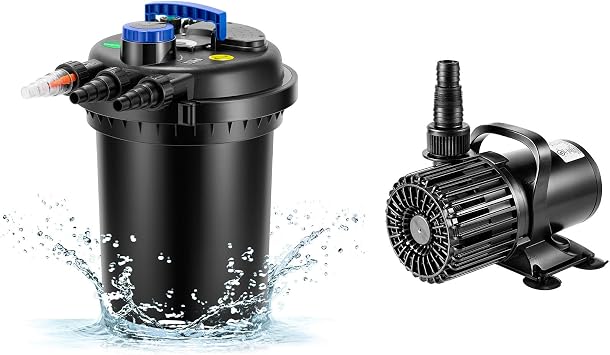 VIVOGROW Bio Pressure Pond Filter, with 13W UV-C Light, 2630 GPH and 4500 GPH Submersible Water Pump, 220W Pond Pump, Ultra Quiet Aquarium Pump with 19FT. Lift Height for Pond Waterfall, Fish Tank